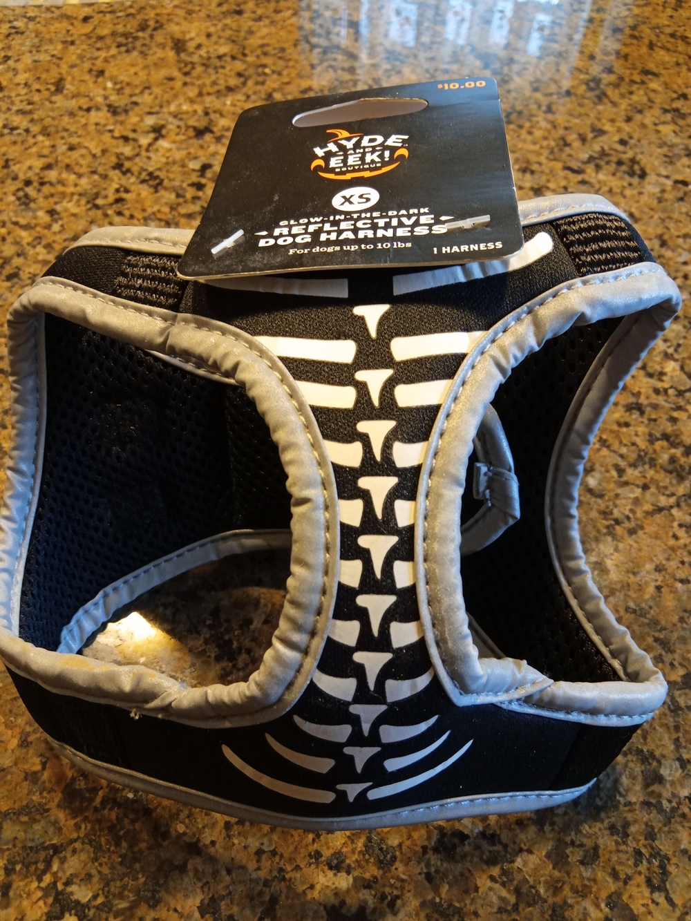 XS Reflective Dog Harness - Black Skeleton Design glowing The Dark